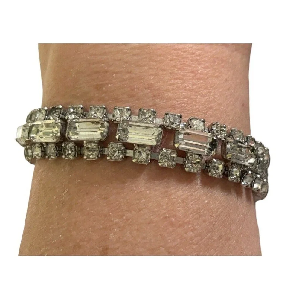 Vintage Baguette and Round Clear Rhinestone Tennis Silvertone Bracelet